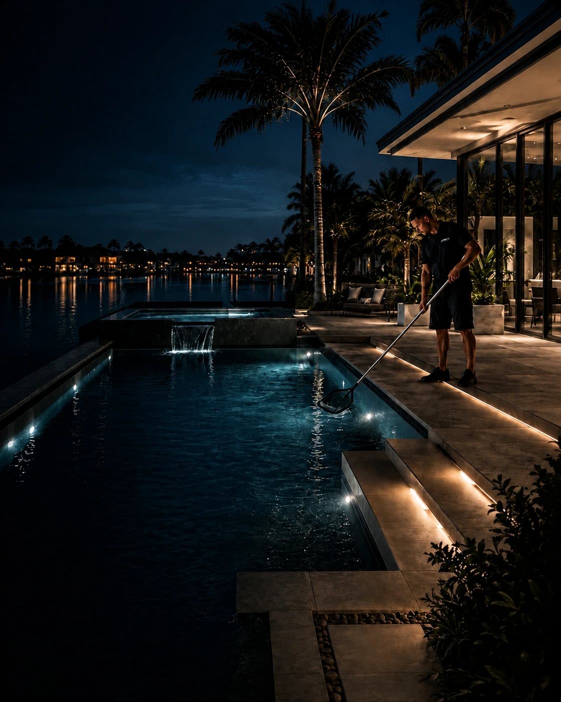 Black Reef Pools technician skimming a waterfront pool at night