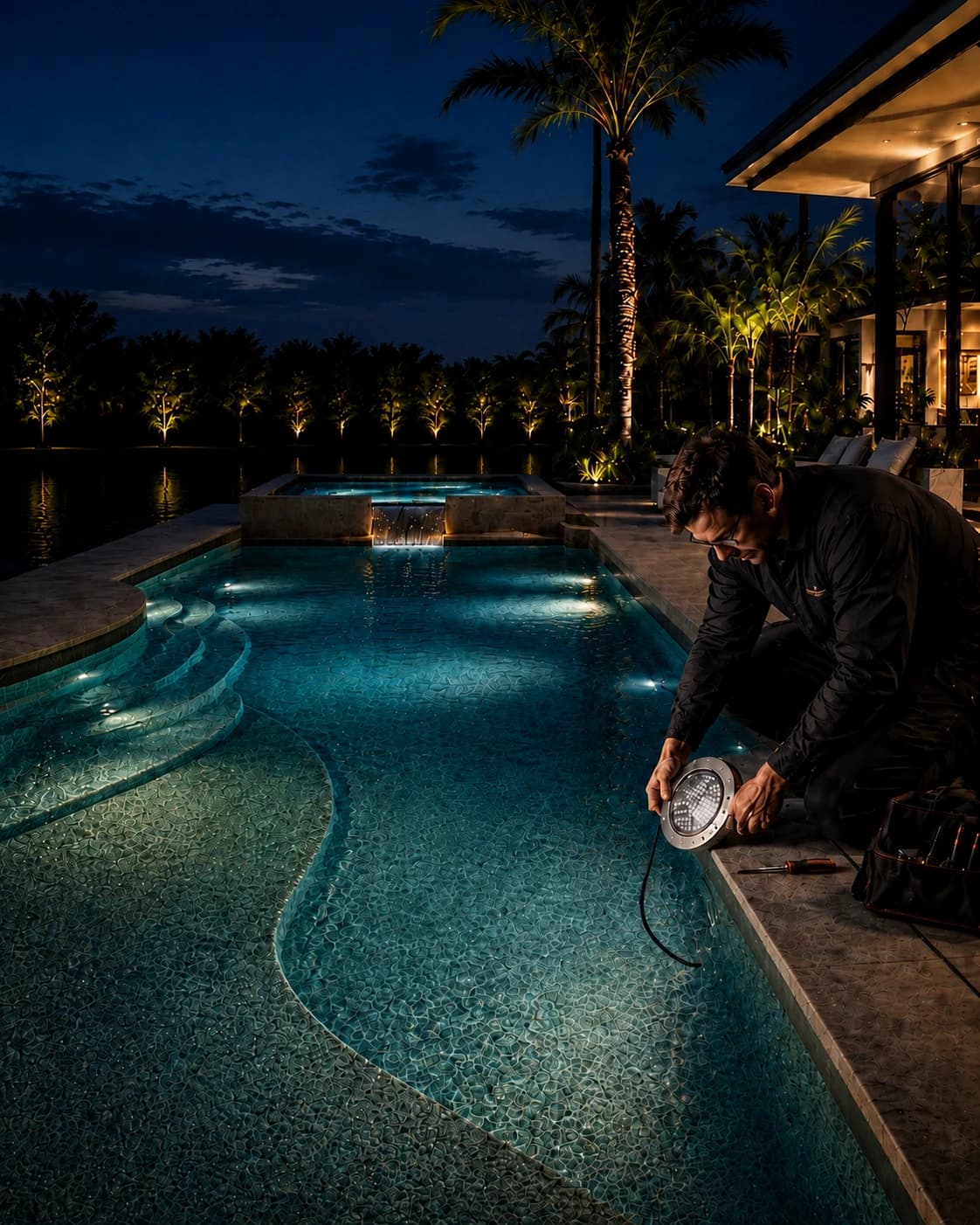 Black Reef Pools technician installing a pool light at a waterfront home at night