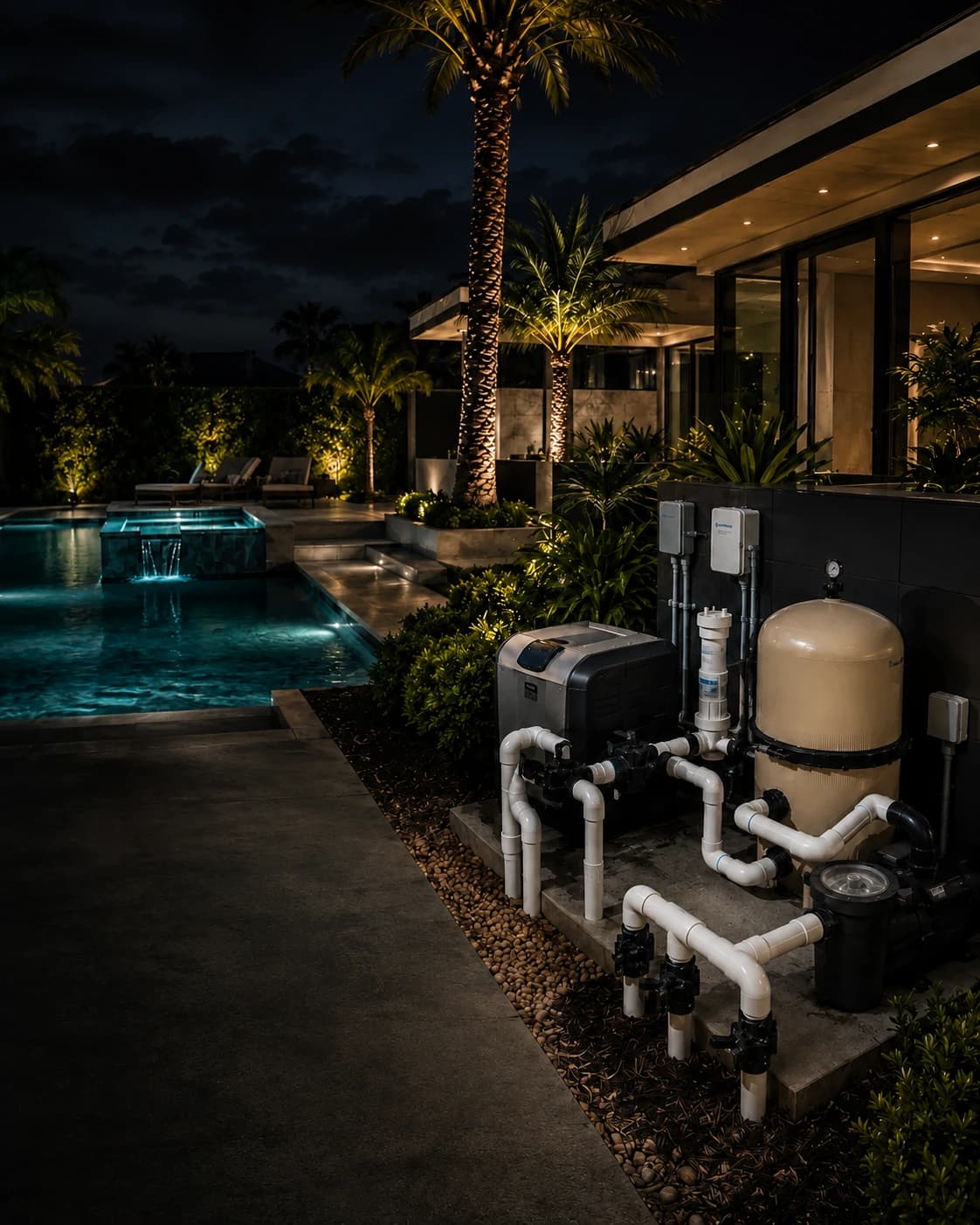Modern pool equipment pad with filter, heater, and pumps at a waterfront home at night
